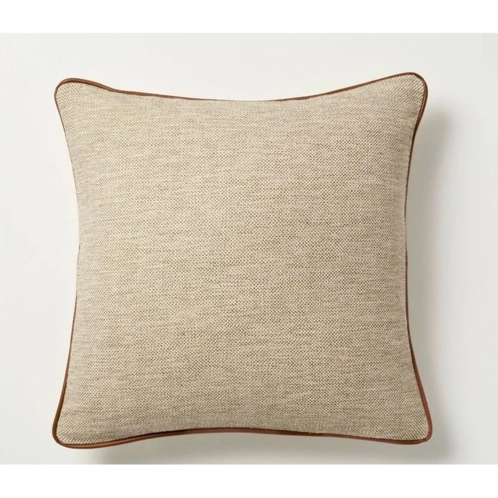 Hearth & Hand Tweed Toss Pillow Unisex 18x18 Faux Leather Trim NWT